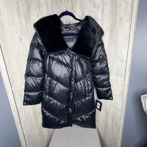H by Halston Luxe Black Puffer Coat with Oversized Faux Fur Collar Hood
